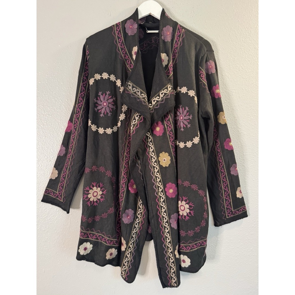 Embroidered Floral Boho Waterfall Cardigan Jacket Lagenlook Artsy M
